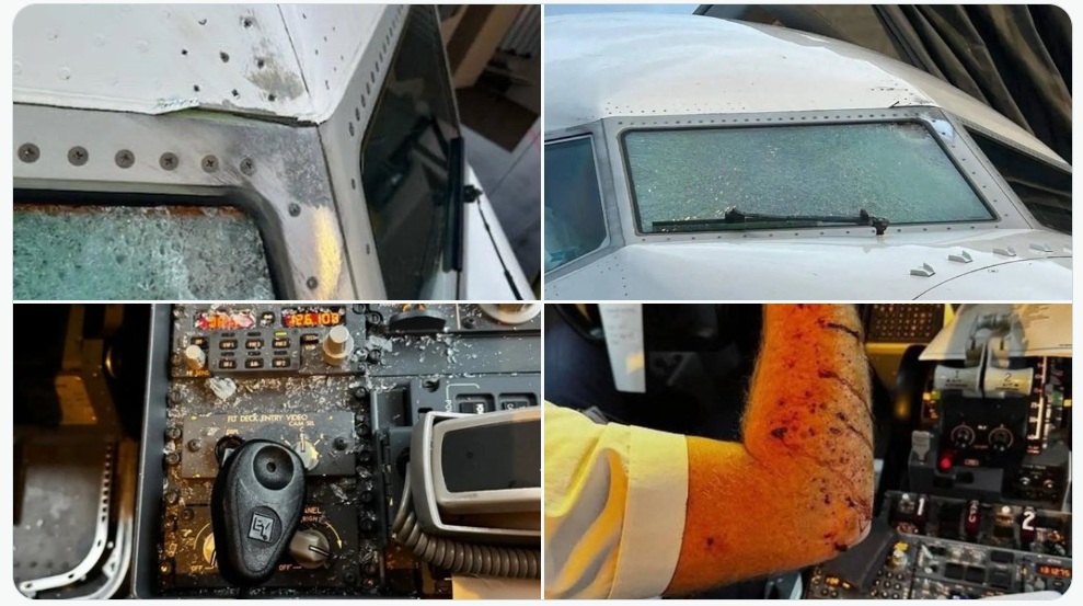 Kính chắn gió buồng lái bị vỡ và mảnh vỡ trong buồng lái máy bay Boeing United Airlines